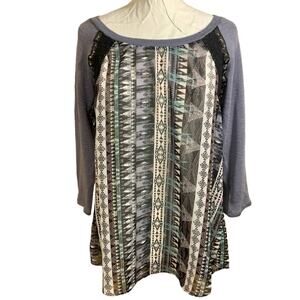 Vanity Tribal Top Knit Sleeve Tunic SZ L Sequin Sheer Western Cowgirl Lace Trim
